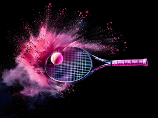 Tennis ball and racket in colored dust. AI generated. 
