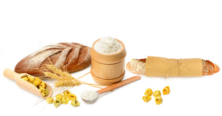 Baguettes, wheat flour and ravioli isolated on a white. There is free space for text. Collage. Wide photo. - 785544868