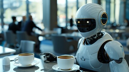 A robot sits at a table in a coffee shop, drinking coffee.