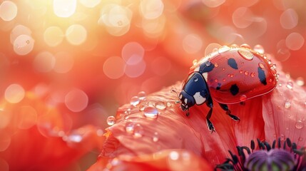 A ladybug on a red flower, with water droplets on the petals. The background is blurry and out of focus.