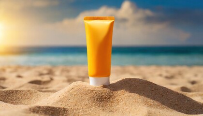  summer sunscreen cream standing on sand on beach background
