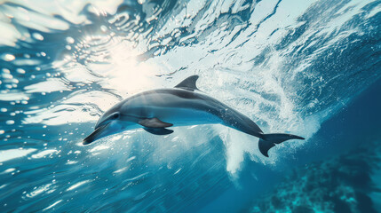 Fototapeta premium a jumping dolphin in pristine, crystal clear waters.