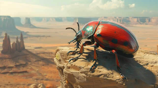 A hyper-realistic render of a red and metallic blue beetle on a rock outcropping in Monument Valley.