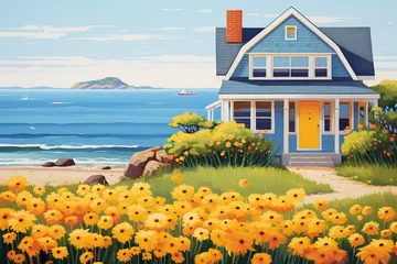 Fotobehang Bright yellow house, adorned with springs bloom, seaside serenity ,   illustration © Amina