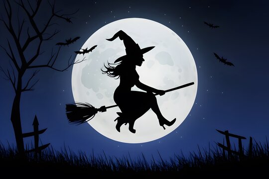 Pic Silhouette of a witch flying on broomstick against full moon, evoking magical essence of Halloween