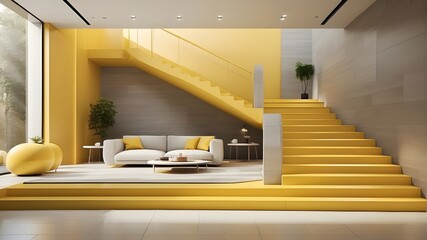 A photorealistic image of a modern interior featuring sleek yellow stairs leading to an upper level. The interior design is contemporary, with clean lines and minimalist decor. Soft ambient lighting e - obrazy, fototapety, plakaty