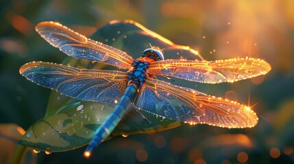 A dragonfly with transparent blue and green wings and an orange body rests on a leaf in the warm sunlight.