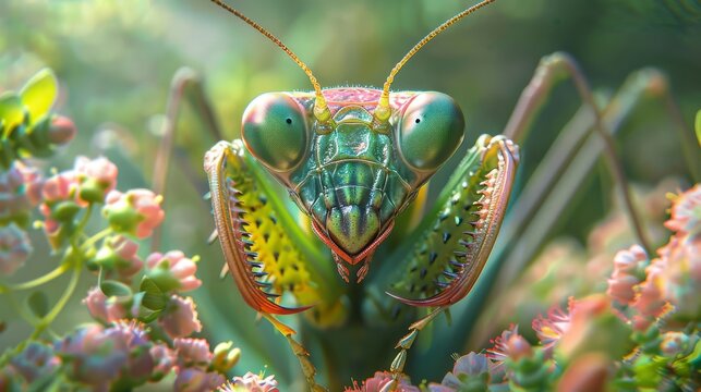 A green praying mantis on a flower looking at the camera.