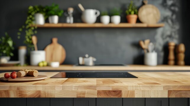 Empty Beautiful wood table top and blur bokeh modern kitchen interior background