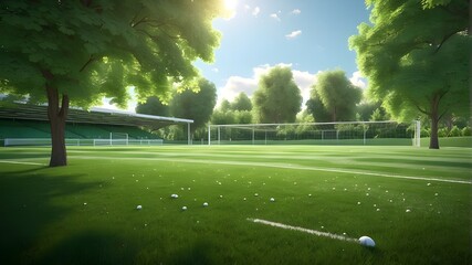 A photorealistic image of a dewy football pitch surrounded by lush foliage under a clear sunny sky. The scene captures the vibrant green of the grass, with droplets of dew sparkling in the sunlight. T - obrazy, fototapety, plakaty