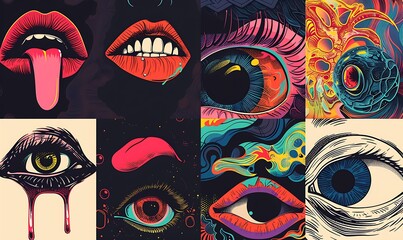 Explore diverse emotions and  perspectives through digital illustrations of tongues and eyes, portraying human expression with varied artistic styles, colors, compositions
