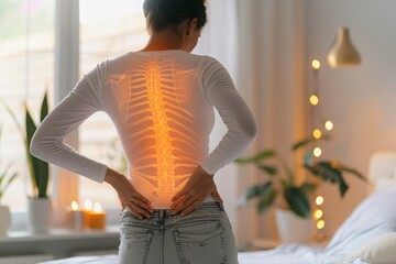 Individual wincing from intense back pain, soft lighting, evident discomfort 02 - obrazy, fototapety, plakaty