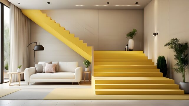 A photorealistic image of a modern interior featuring sleek yellow stairs leading to an upper level. The interior design is contemporary, with clean lines and minimalist decor. Soft ambient lighting e