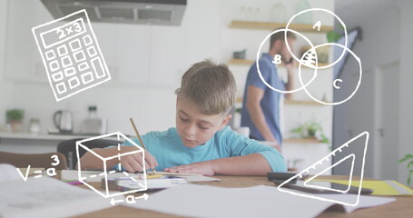 Image of school items icons over caucasian father and son learning at home