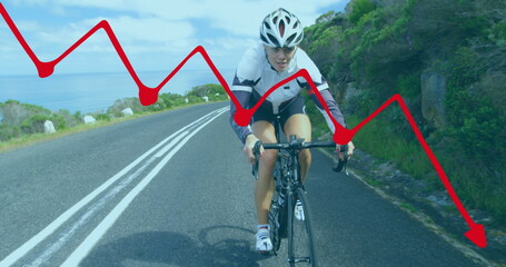 Image of shapes over caucasian woman cycling