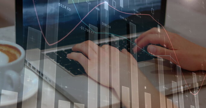 Image of financial data processing and statistics over caucasian woman using laptop