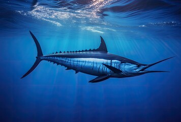 Obraz premium Blue marlin fish in the deep blue ocean. Wildlife scene.