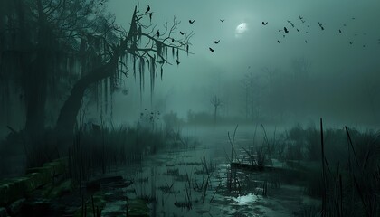 Enveloped in ominous fog, a cursed swamp teems with vengeful spirits and lurking dangers, its eerie atmosphere shrouded in darkness - obrazy, fototapety, plakaty