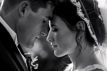 Up-close perspective of a bride and groom sharing a tender moment, their eyes locked in love, surrounded by the warmth of sunlight, embodying the essence of marital bliss and unity 09