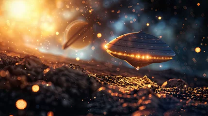 Foto op Canvas Extraterrestrial Encounter Alien Civilization Observation Spacecraft Landing Unknown Planet Exploration Realistic Spotlight Depth of Field Bokeh Effect © Sattawat
