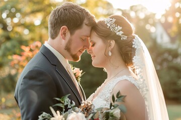 Up-close perspective of a bride and groom sharing a tender moment, their eyes locked in love, surrounded by the warmth of sunlight, embodying the essence of marital bliss and unity 10