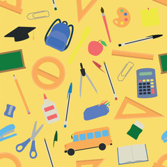 School Supplies Pattern - Assorted School Items on Yellow Background. Pencil, Eraser, Sharpener, Rulers, Backpack, Scissor, Pens, Calculator, Bus and others. Seamless Link.