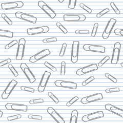 School Pattern - Messy Paper Clips on Notebook Paper Background. Seamless Link.