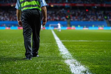 Fototapeta premium The soccer referee inspecting the field conditions before kickoff, ensuring a fair and safe match for all