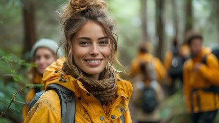 A woman leading a team-building exercise outdoors, everyone enjoying the fresh air and camaraderie - obrazy, fototapety, plakaty