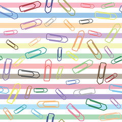 School Pattern - Messy Colored Paper Clips on Colorful Striped Background. Seamless Link.