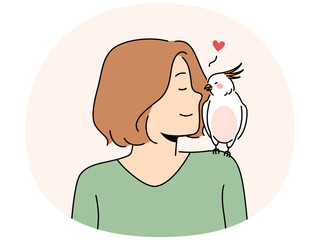 Fototapeta premium Happy woman with parrot sitting on shoulder. Smiling girl talk cuddle with exotic bird. Ornithology concept. Vector illustration.