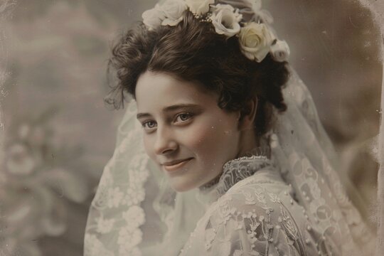 Tender moment frozen in time: an antique wedding photograph of a young woman, radiating joy and love on her special day 02
