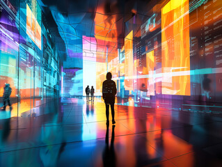 A man walks through a city with neon lights and buildings. The scene is a futuristic cityscape. Limitless connectivity technology