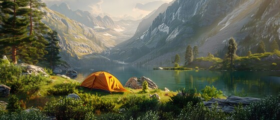 Beautiful campsite. Warm sunlight shine through the mountains onto green field. The lake and tranquil valley are visible in the background. We will experience an adventure amidst the beauty of nature. - obrazy, fototapety, plakaty
