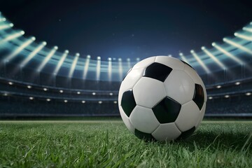 Fototapeta premium Soccer ball on green grass of football stadium at night with lights, capturing sports ambiance