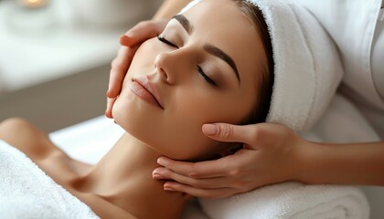 Fototapeta na wymiar Elegant woman indulging in rejuvenating facial massage at spa for beauty treatment and relaxation