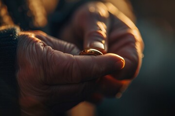 Intimate view of a hand removing a wedding ring, bathed in warm light, marking the end of marriage. The angle depicts contemplation and acceptance - Powered by Adobe