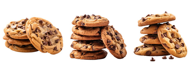 Set of cookie shocolate chips stack isolated on transparent background