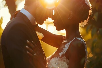 Intimate view of a groom's whispered promise to his bride, from varying ethnicities, against a backdrop of sunlight, symbolizing the depth of love and devotion found in marriage 04 - obrazy, fototapety, plakaty