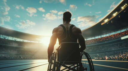 Disabled athlete on the stadium. Portrait of disabled professional sportsman on a wheelchair, on the competition, Olympic games or championship. - obrazy, fototapety, plakaty
