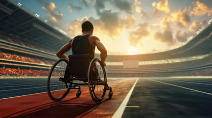 Disabled athlete on the stadium. Portrait of disabled professional sportsman on a wheelchair, on...