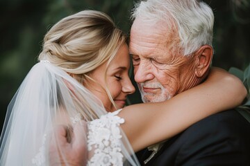 Intimate view of a blue-eyed blonde bride's tender embrace with her father, both overcome with...