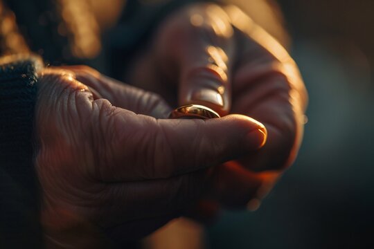 Intimate view of a hand removing a wedding ring, bathed in warm light, marking the end of marriage. The angle depicts contemplation and acceptance