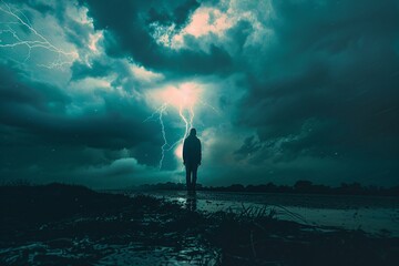 Intense photo person thunderstorm crackling lightning emphasizing resolve chaos atmospheric weather dramatic stormy boldness facing 03 - obrazy, fototapety, plakaty