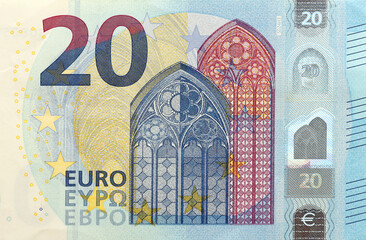 Fragment of one twenty euro money bill. Details of European union currency banknote of 20 euro...