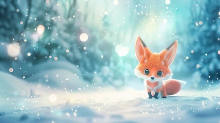 Red cute fox cub on winter forest - obrazy, fototapety, plakaty