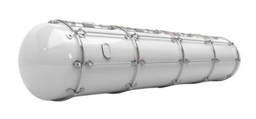 Horizontal pressure vessel with reflective metal clasps and supports on a neutral backdrop
