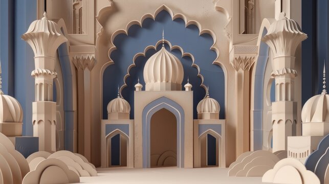 mosque and a castle on blue and beige
