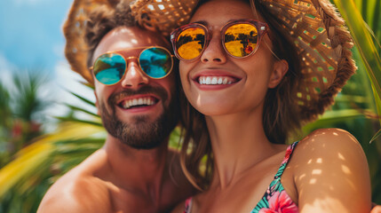 Portrait of happy people in amazing summer mood. Tropical travel, summer vacation background...