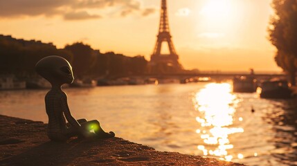 Cinematic photo of a friendly extraterrestrial relaxing by the Seine River in Paris, with the majestic silhouette of the Eiffel Tower looming in the softly blurred background - obrazy, fototapety, plakaty
